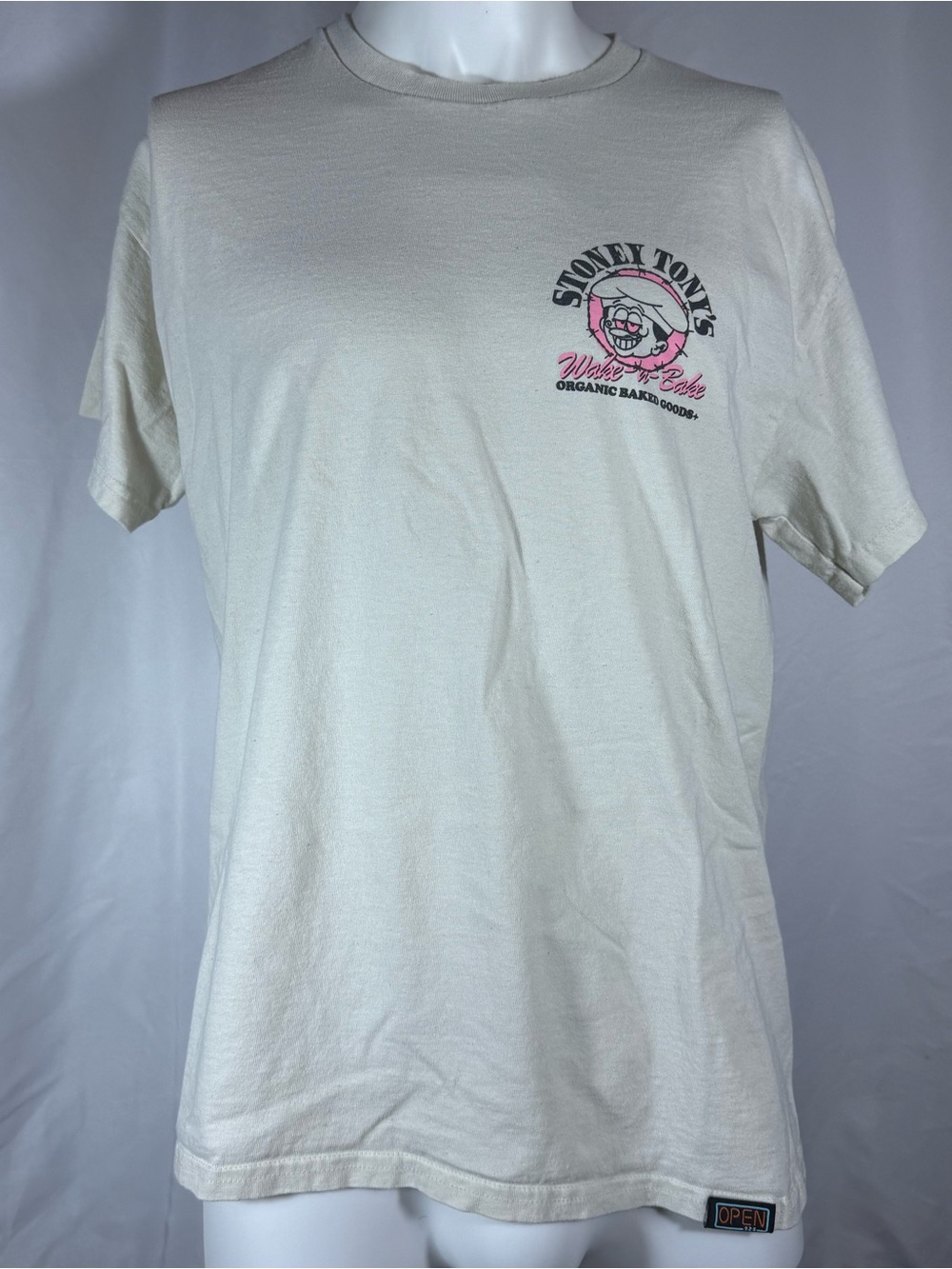 Stoney Tony’s Wake-N-Bake Graphic T-Shirt Men’s Large Cream Pink Black